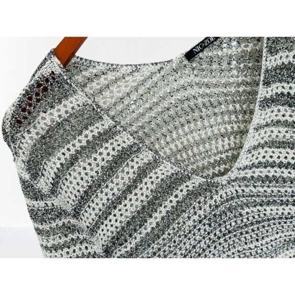 NIC + ZOE Open Knit Sweater V-Neck Tunic Gray White Oversized Sweater Size 2X - Picture 3 of 8
